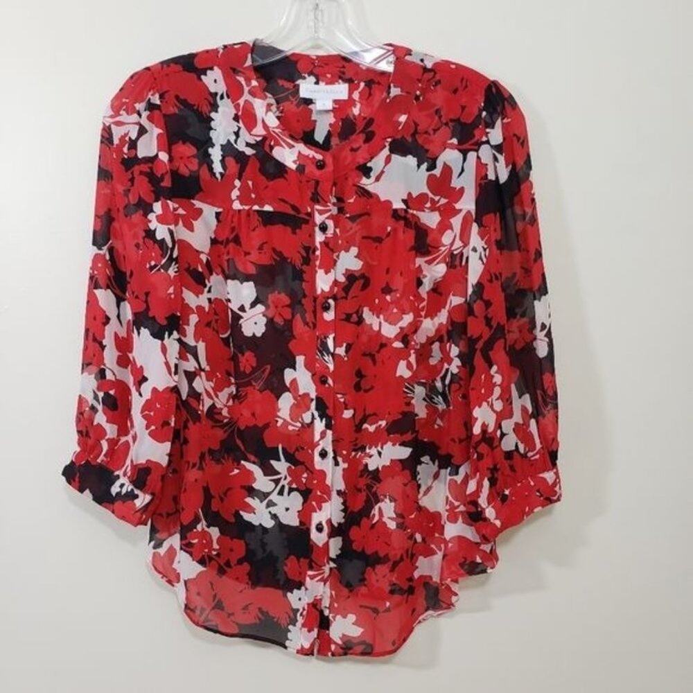 Charter Club 100% silk semi-sheer floral‎ print button up top woman's size 4